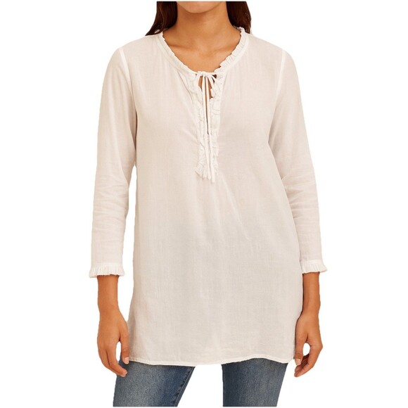 J Crew Womens Airy Popover Shirt White Gauzy V Neck Ruffle Pocket L - Picture 1 of 9